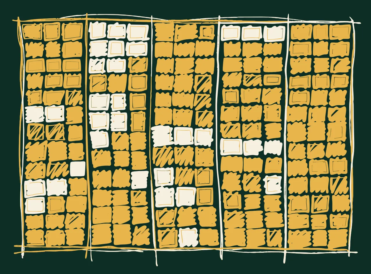 A hand-drawn grid of many small cells, most filled gold, some left blank, forming a rough dense block.