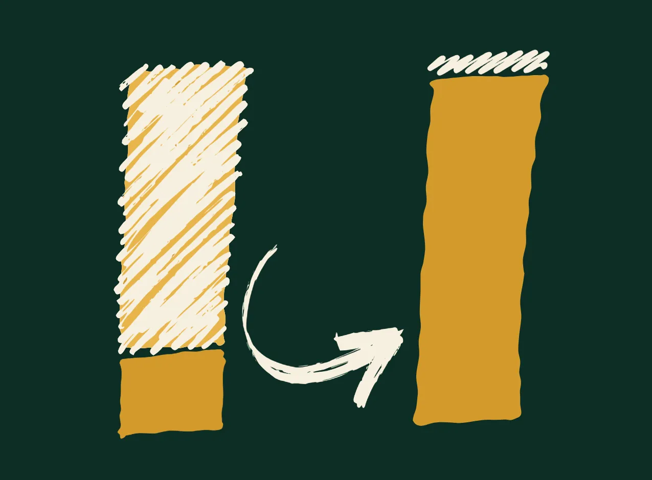 Two hand-drawn bars side by side, the left one mostly hatched with a small solid base, the right one mostly solid gold, with a curved arrow between them.